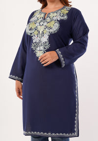 Kashmiri Aari embroidery Cotton Long Kurti Size-46(Navy Blue)