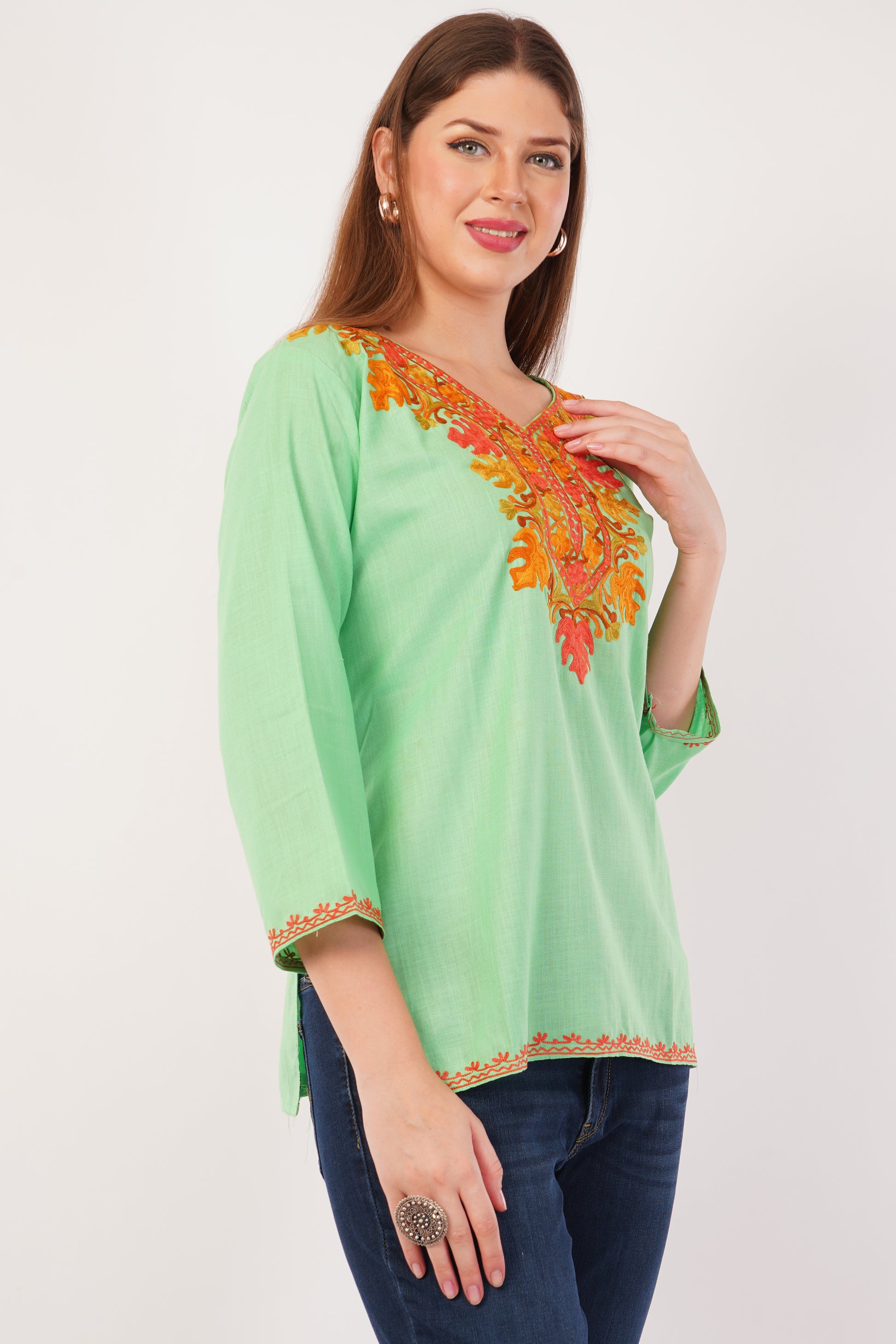Kashmiri Aari embroidery Cotton Short Kurti Size-42(Green)
