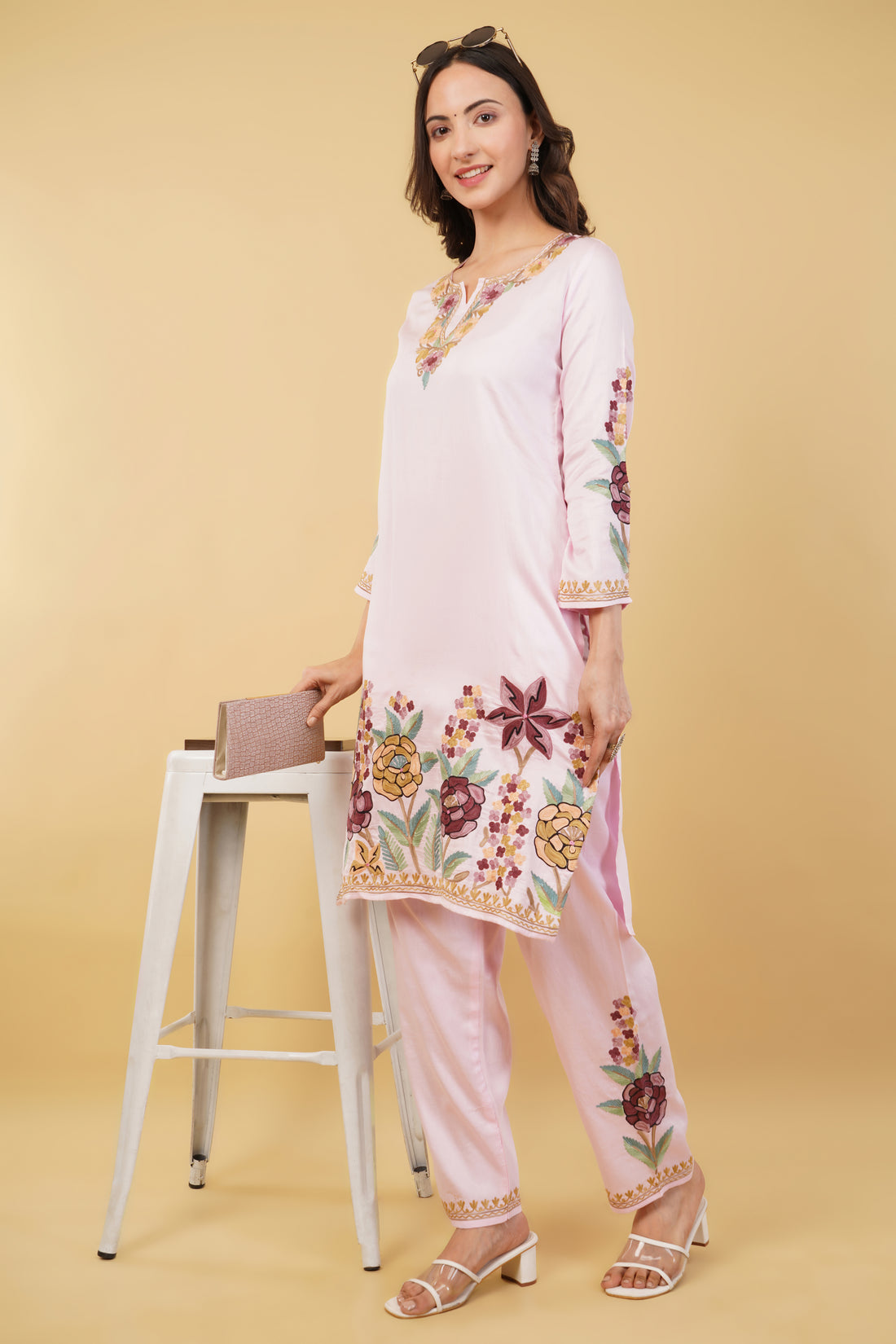 Kashmiri Aari embroidery Jaam Cotton Co-ord set Size-38 (Pink)