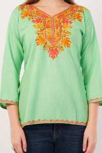 Kashmiri Aari embroidery Cotton Short Kurti Size-42(Green)