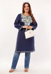 Kashmiri Aari embroidery Cotton Long Kurti Size-46(Navy Blue)