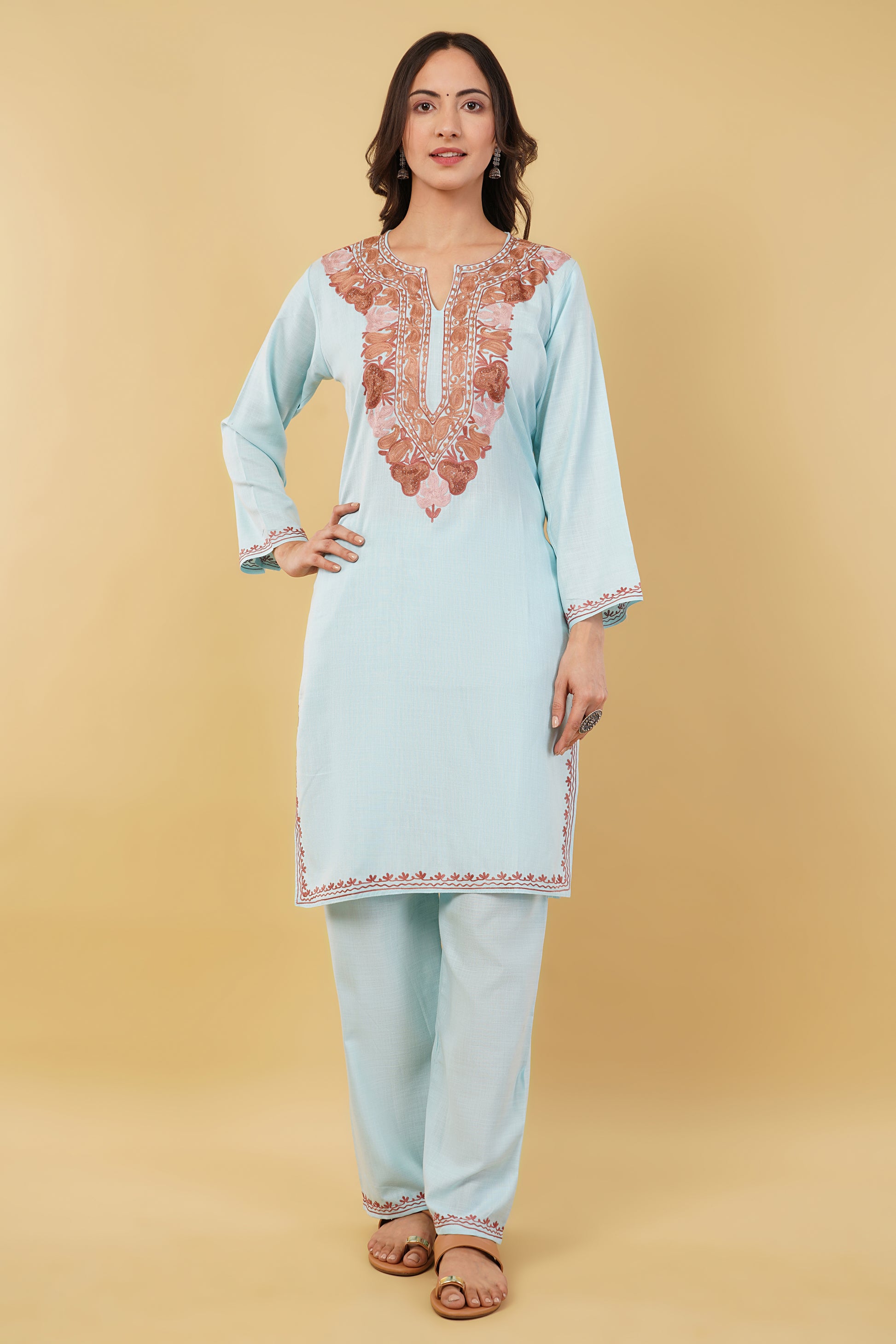 Kashmiri Aari embroidery Cotton Co-ord set Size-36 (sky blue)