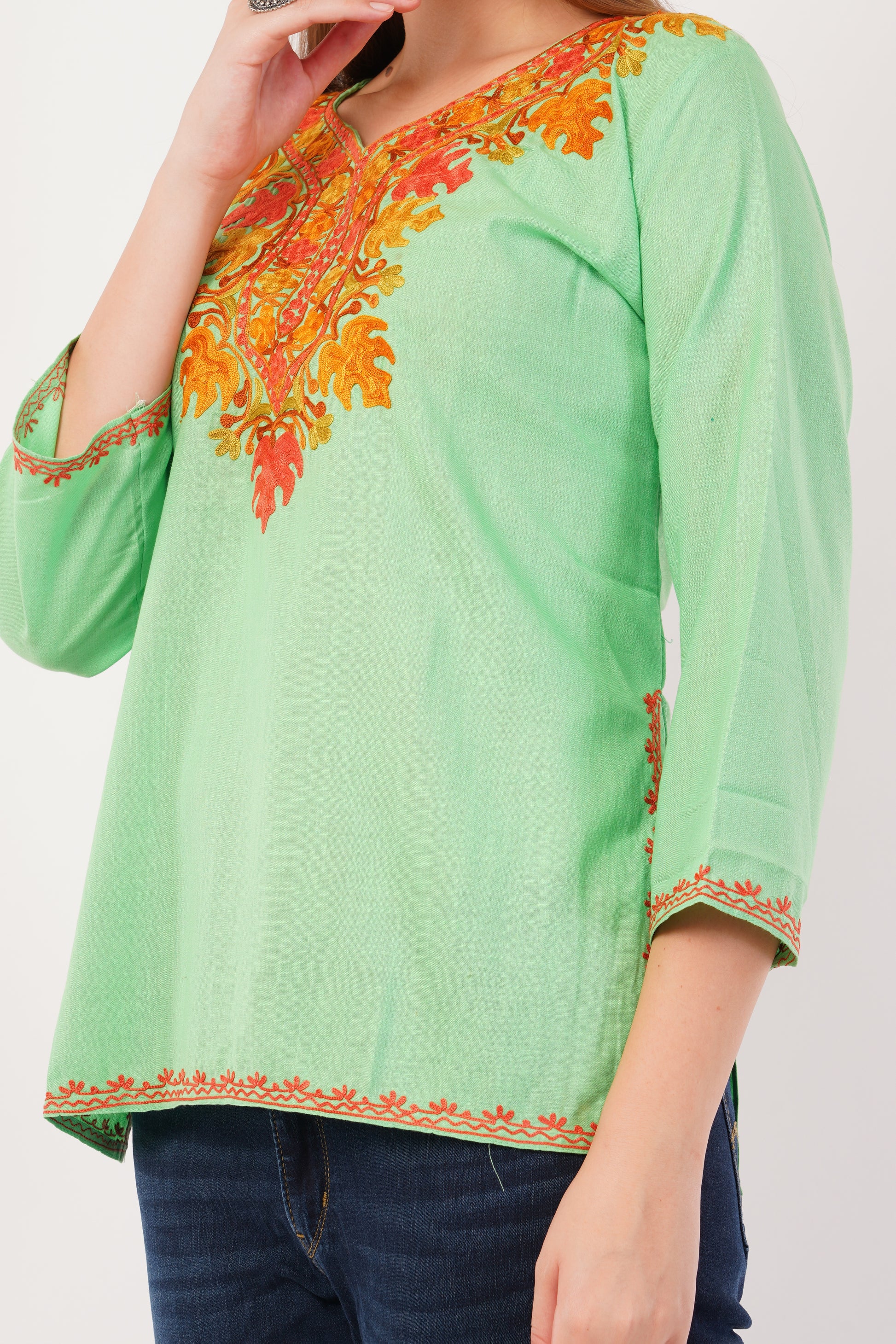 Kashmiri Aari embroidery Cotton Short Kurti Size-42(Green)