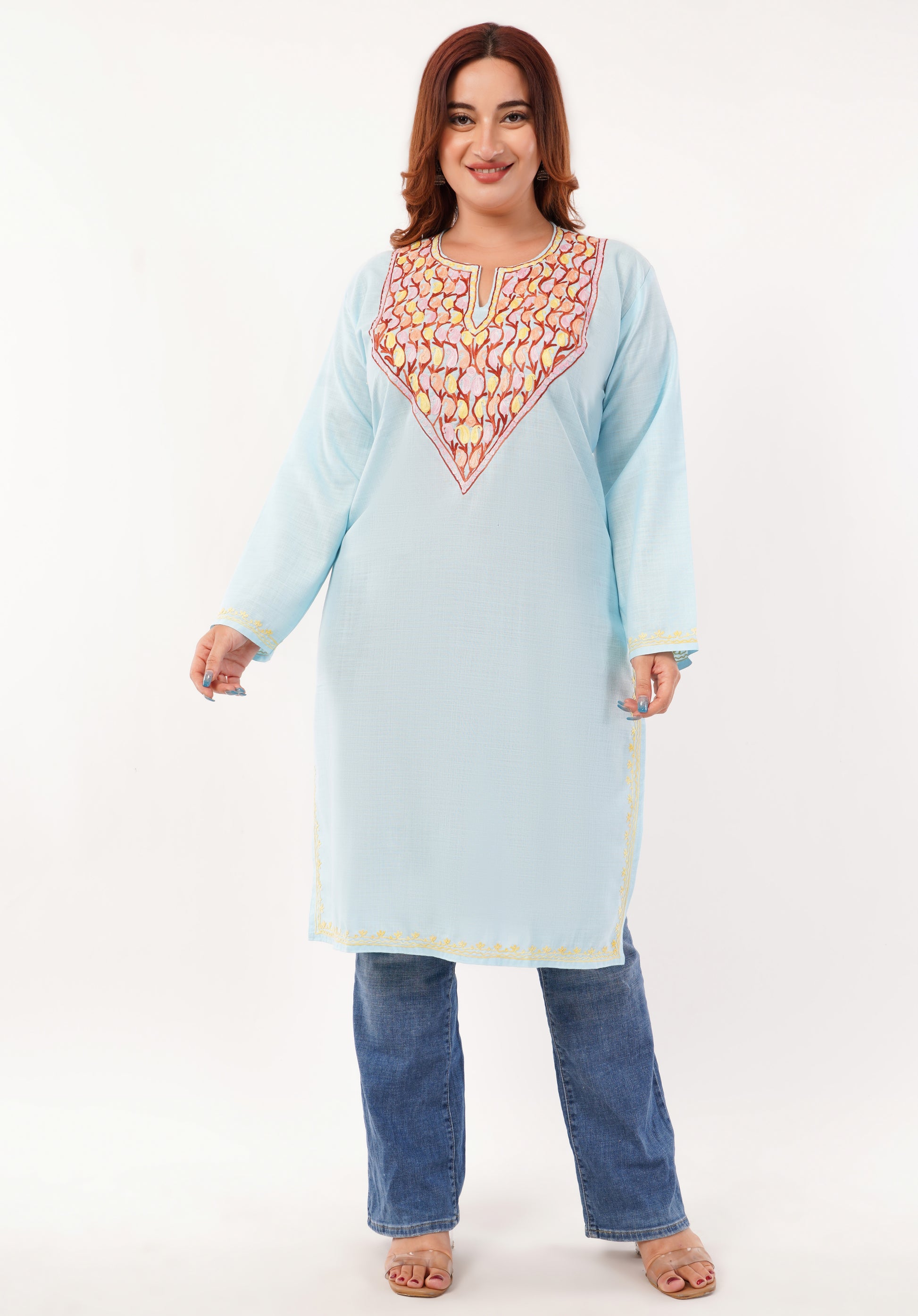Kashmiri Aari embroidery Cotton Long Kurti Size-46(Sky Blue)