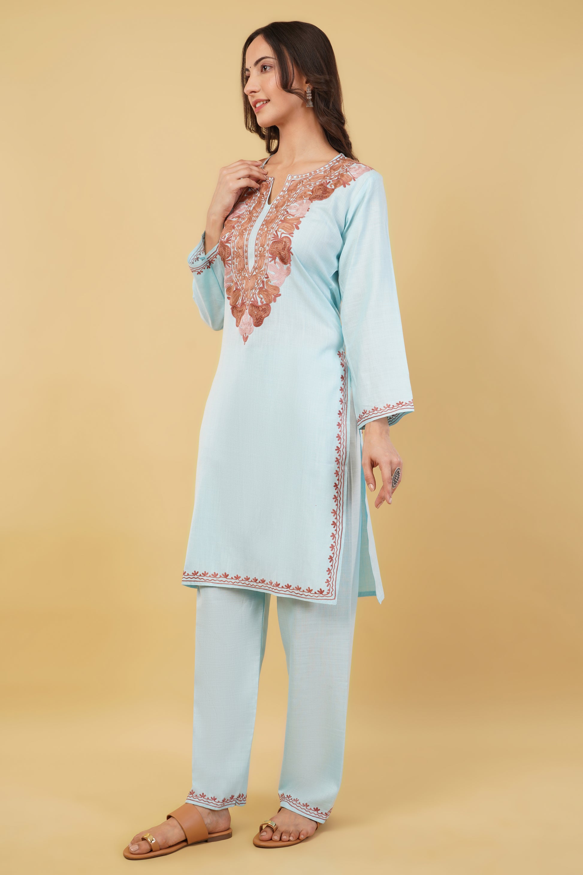 Kashmiri Aari embroidery Cotton Co-ord set Size-36 (sky blue)