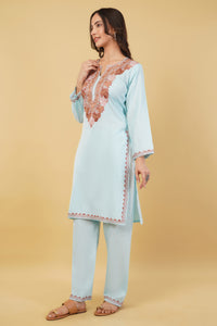 Kashmiri Aari embroidery Cotton Co-ord set Size-36 (sky blue)