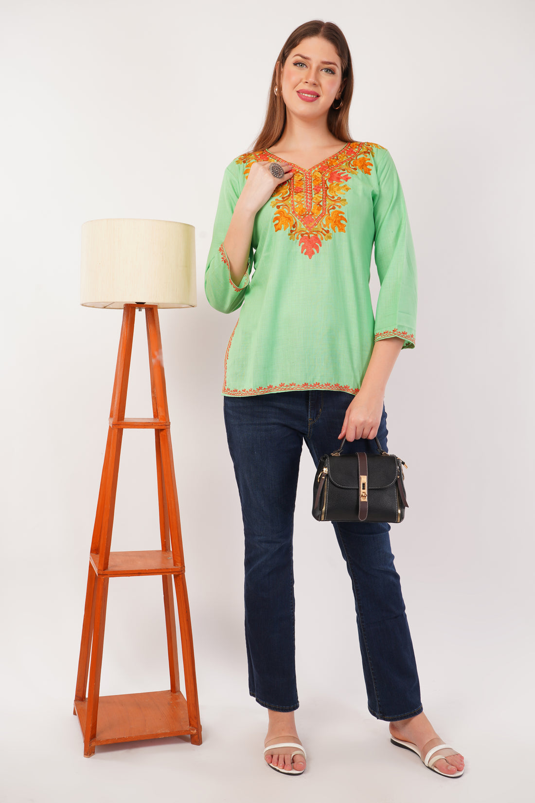 Kashmiri Aari embroidery Cotton Short Kurti Size-42(Green)