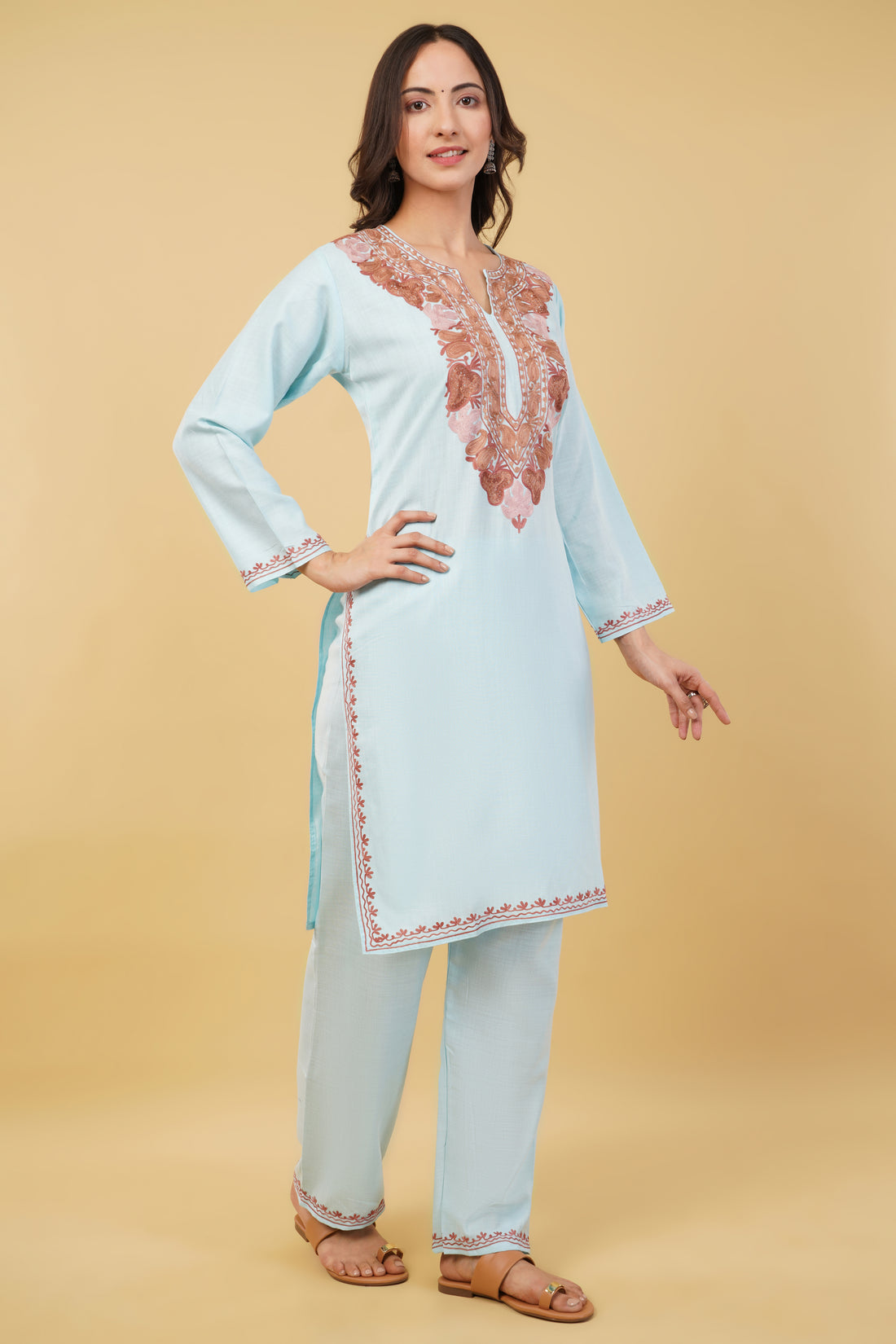 Kashmiri Aari embroidery Cotton Co-ord set Size-36 (sky blue)