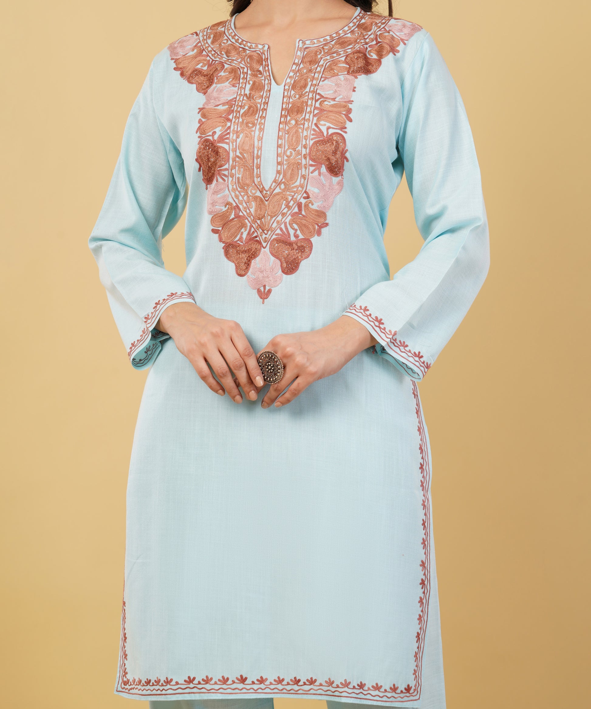 Kashmiri Aari embroidery Cotton Co-ord set Size-36 (sky blue)