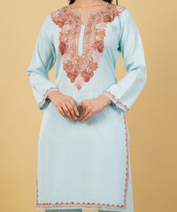 Kashmiri Aari embroidery Cotton Co-ord set Size-36 (sky blue)