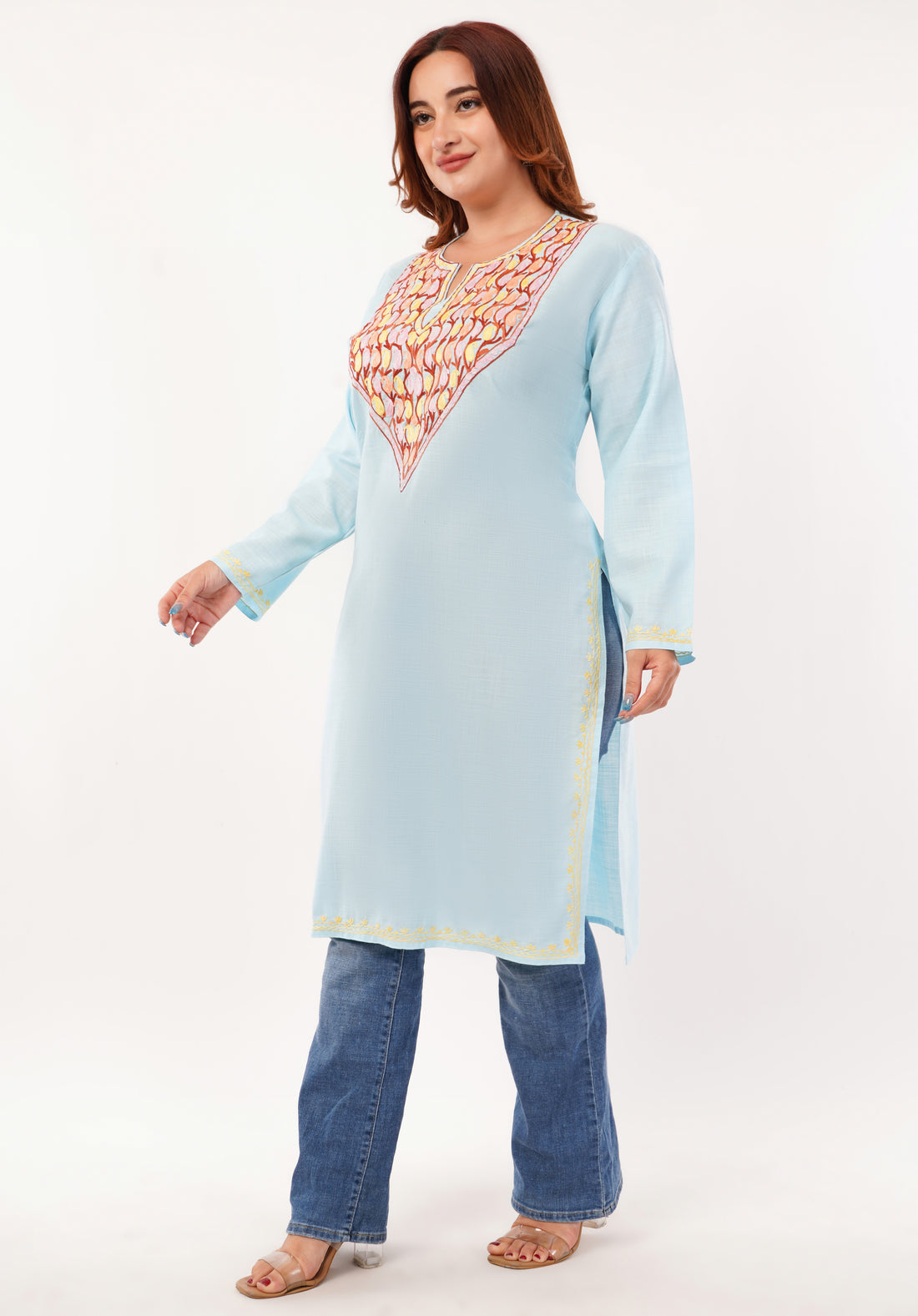 Kashmiri Aari embroidery Cotton Long Kurti Size-46(Sky Blue)