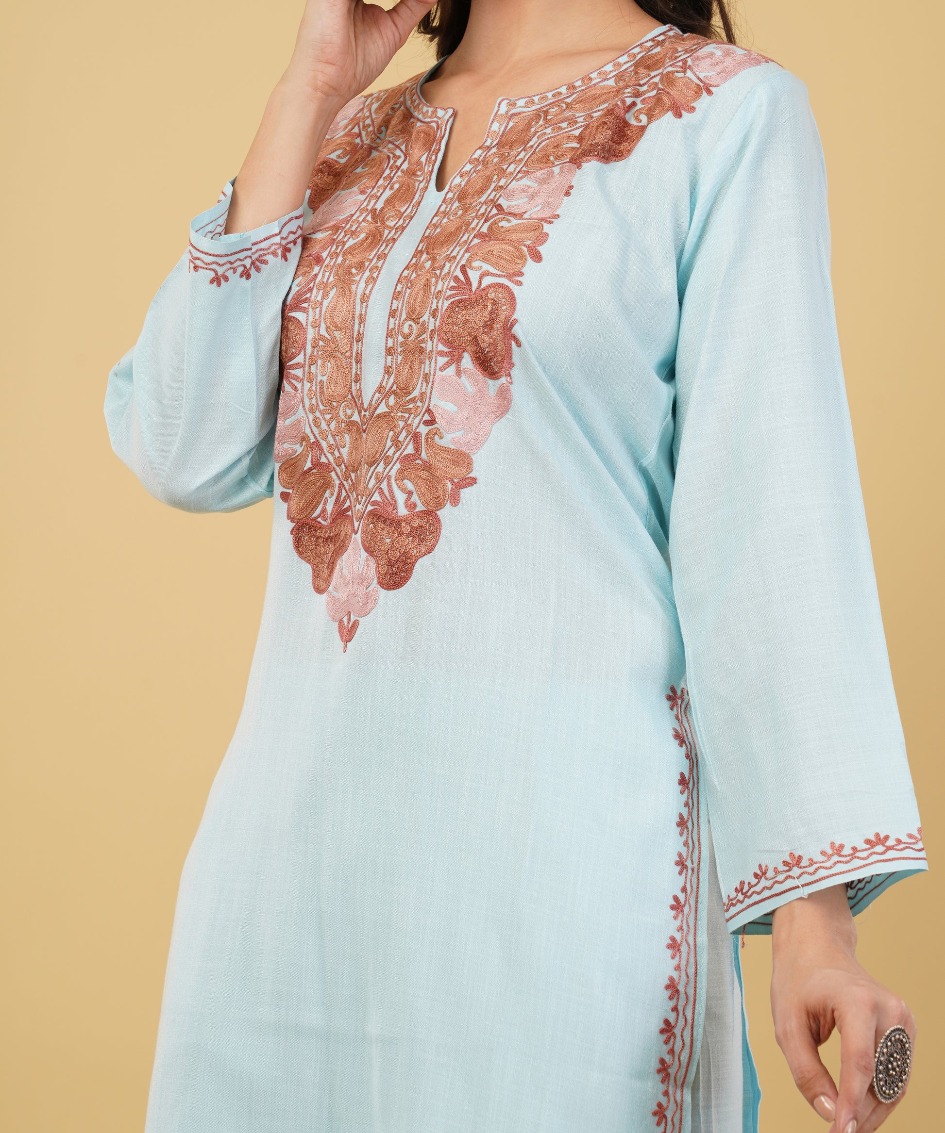Kashmiri Aari embroidery Cotton Co-ord set Size-36 (sky blue)