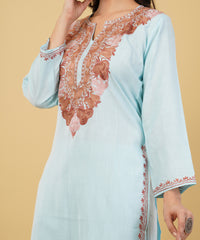 Kashmiri Aari embroidery Cotton Co-ord set Size-36 (sky blue)