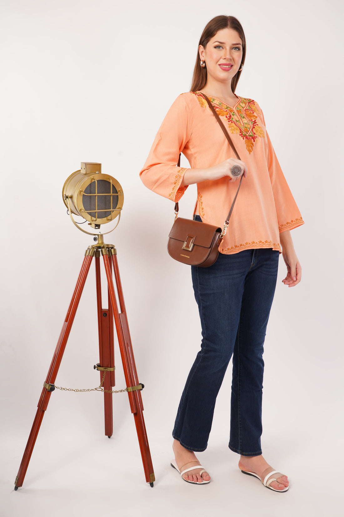 Kashmiri Aari embroidery Cotton Short Kurti Size-42(Peach)