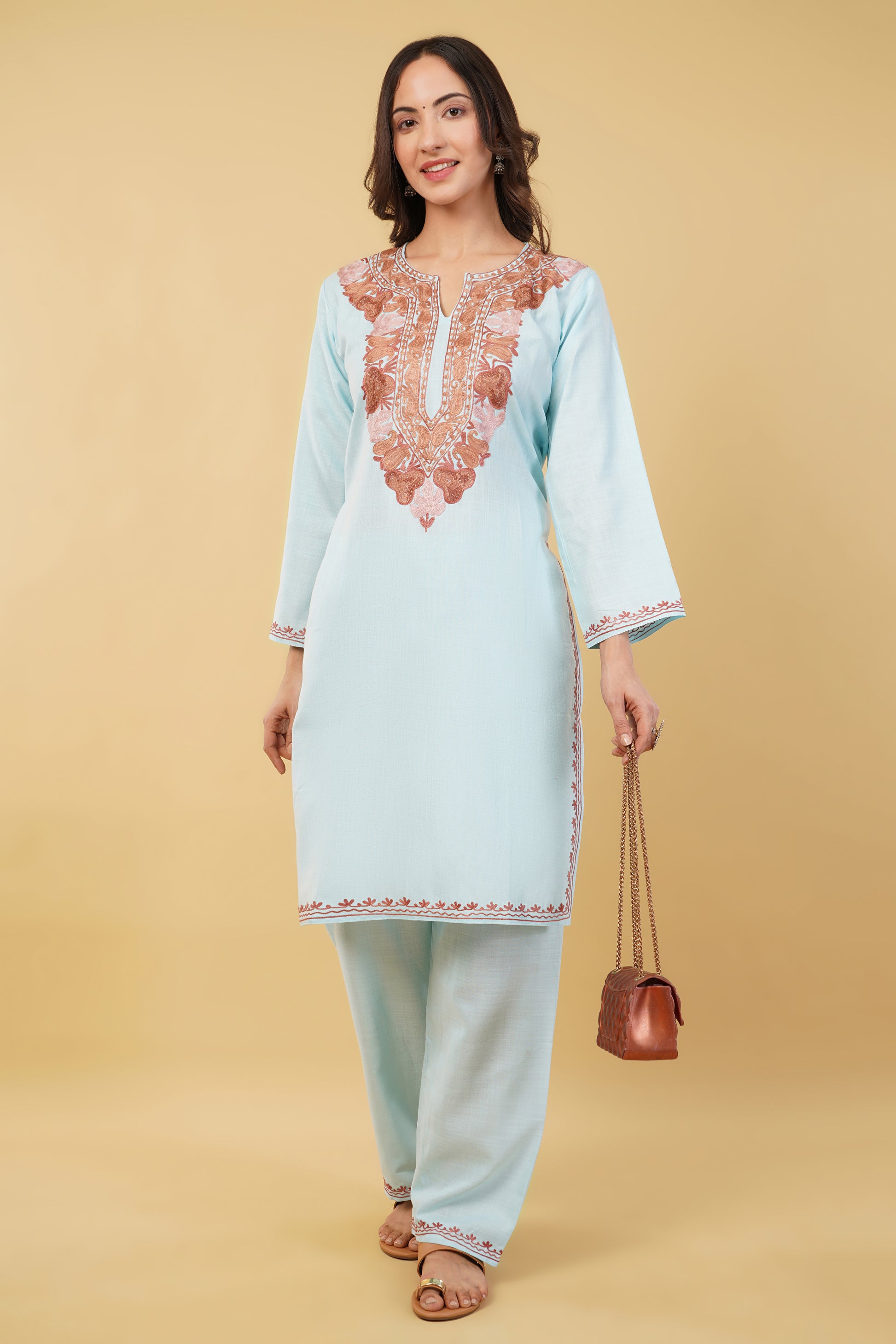 Kashmiri Aari embroidery Cotton Co-ord set Size-36 (sky blue)