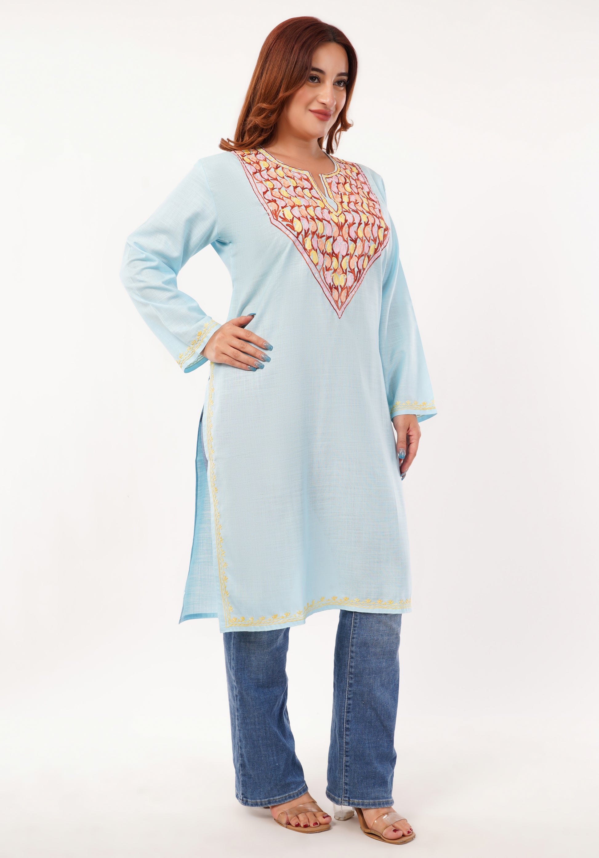 Kashmiri Aari embroidery Cotton Long Kurti Size-46(Sky Blue)
