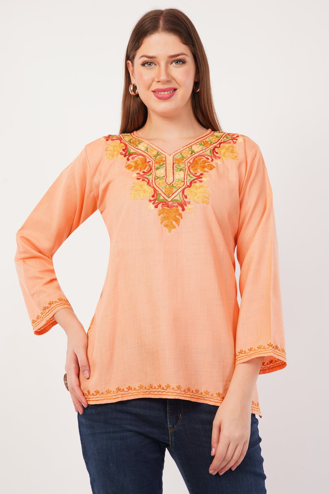 Kashmiri Aari embroidery Cotton Short Kurti Size-42(Peach)
