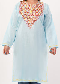 Kashmiri Aari embroidery Cotton Long Kurti Size-46(Sky Blue)