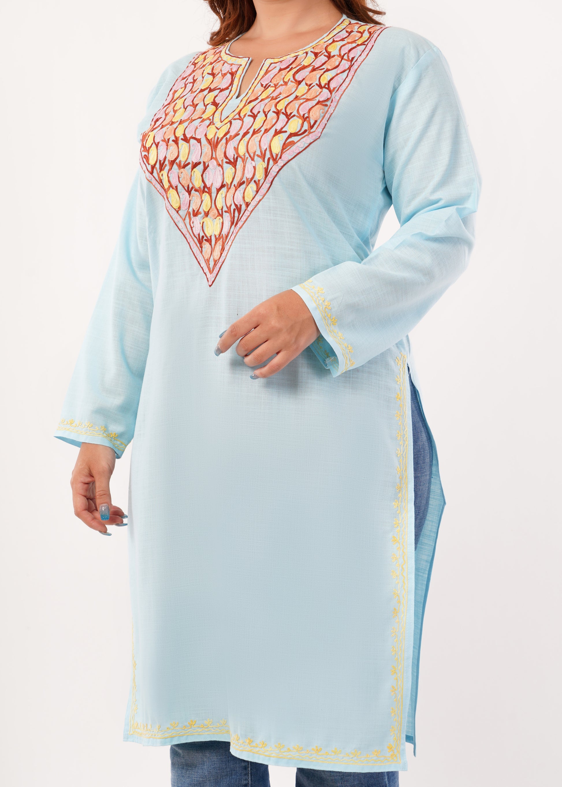 Kashmiri Aari embroidery Cotton Long Kurti Size-46(Sky Blue)