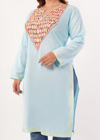 Kashmiri Aari embroidery Cotton Long Kurti Size-46(Sky Blue)