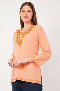 Kashmiri Aari embroidery Cotton Short Kurti Size-42(Peach)
