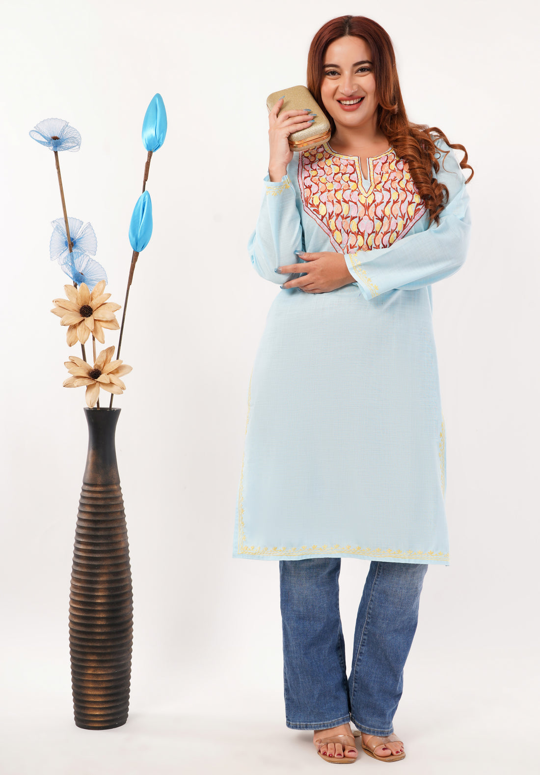 Kashmiri Aari embroidery Cotton Long Kurti Size-46(Sky Blue)