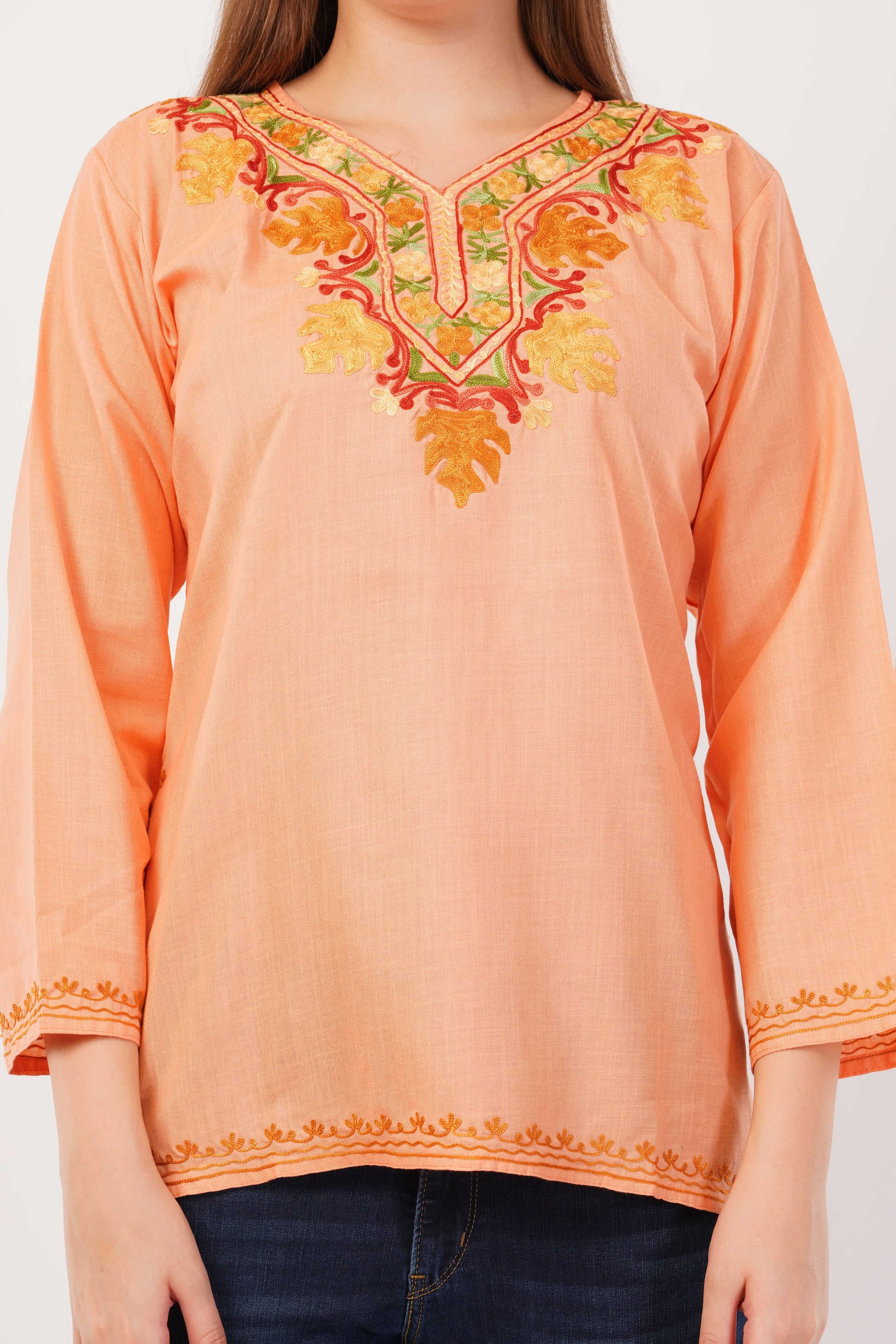Kashmiri Aari embroidery Cotton Short Kurti Size-42(Peach)