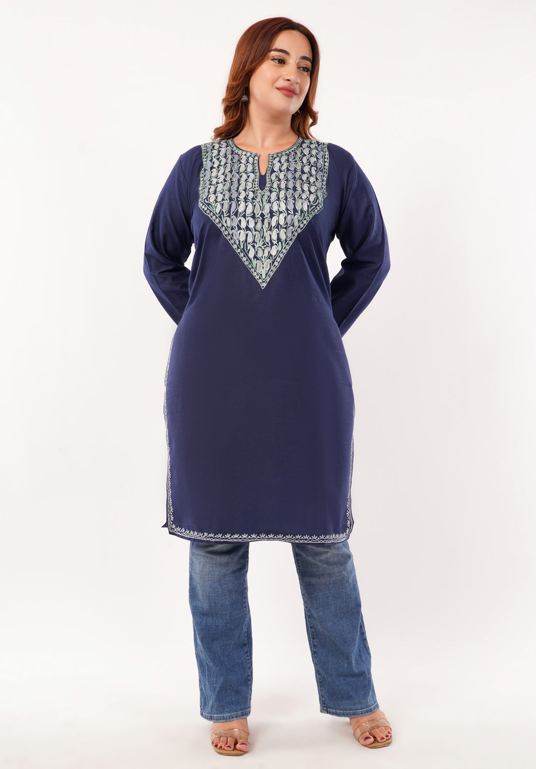 Kashmiri Aari embroidery Cotton Long Kurti Size-46(Navy Blue)