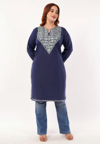 Kashmiri Aari embroidery Cotton Long Kurti Size-46(Navy Blue)
