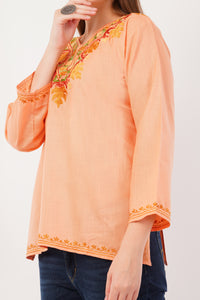 Kashmiri Aari embroidery Cotton Short Kurti Size-42(Peach)