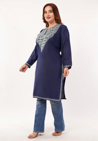 Kashmiri Aari embroidery Cotton Long Kurti Size-46(Navy Blue)