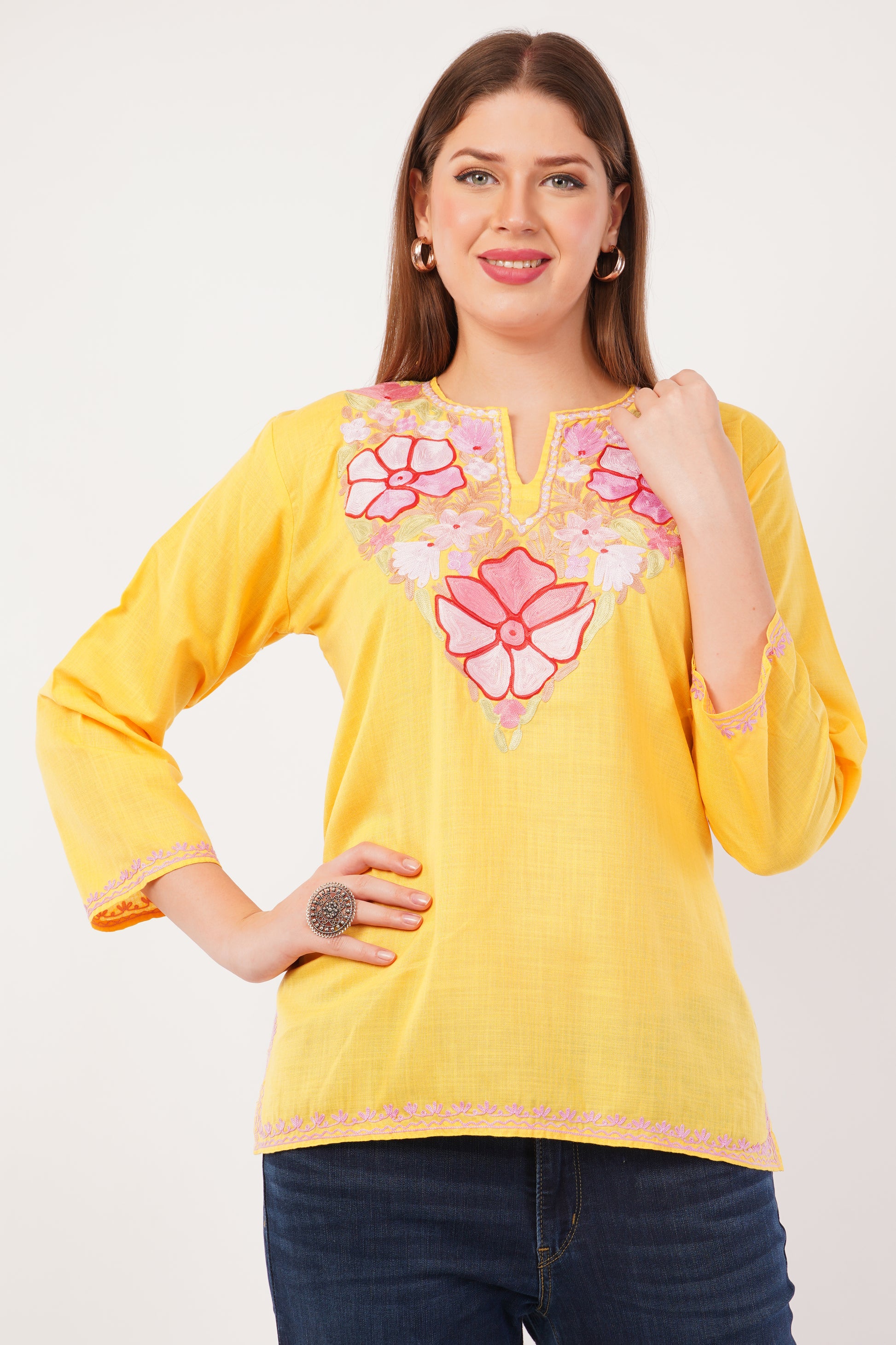 Kashmiri Aari embroidery Cotton Short Kurti Size-42(Yellow)