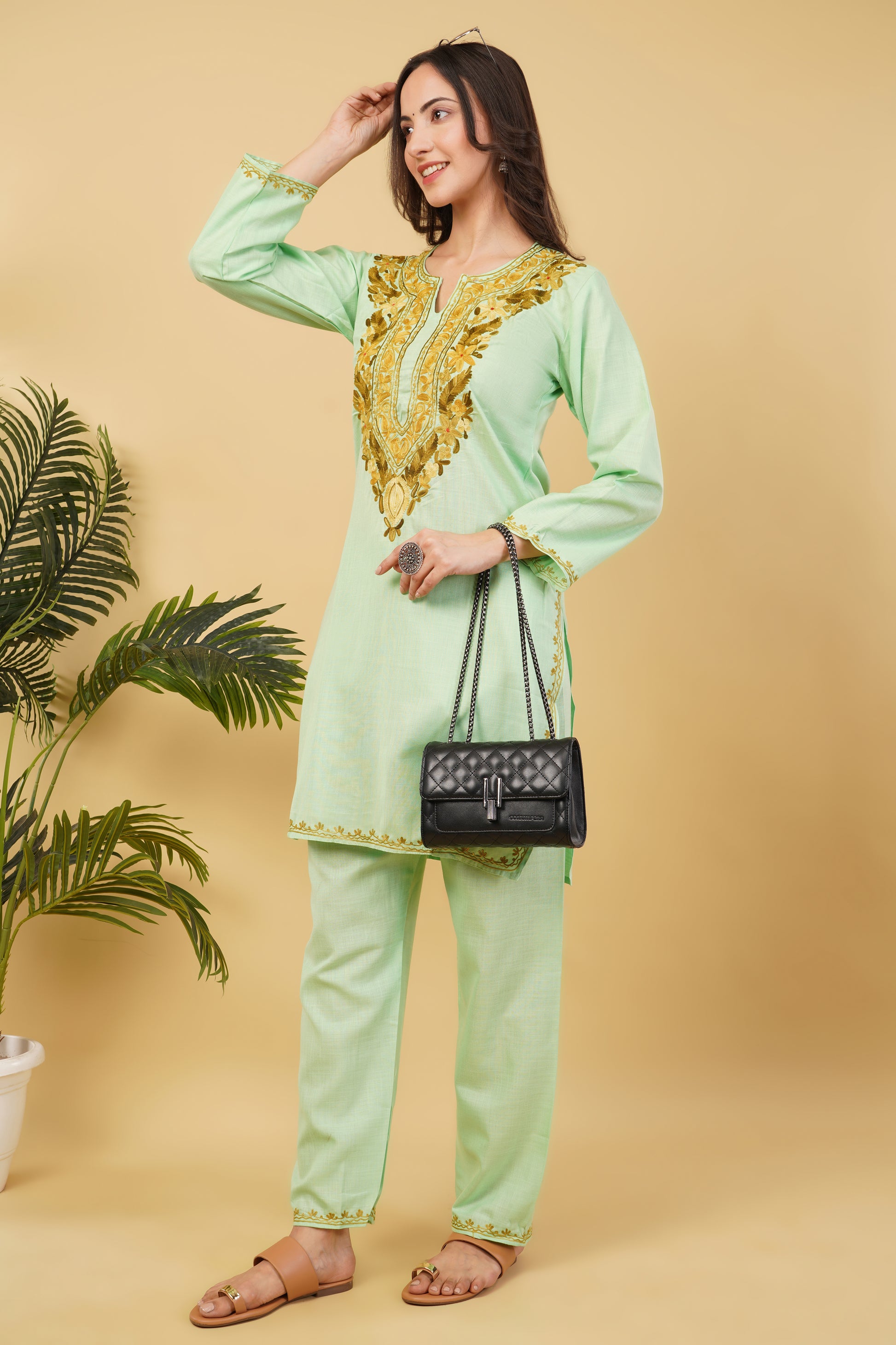Kashmiri Aari embroidery Cotton Co-ord set Size-36 (Green)