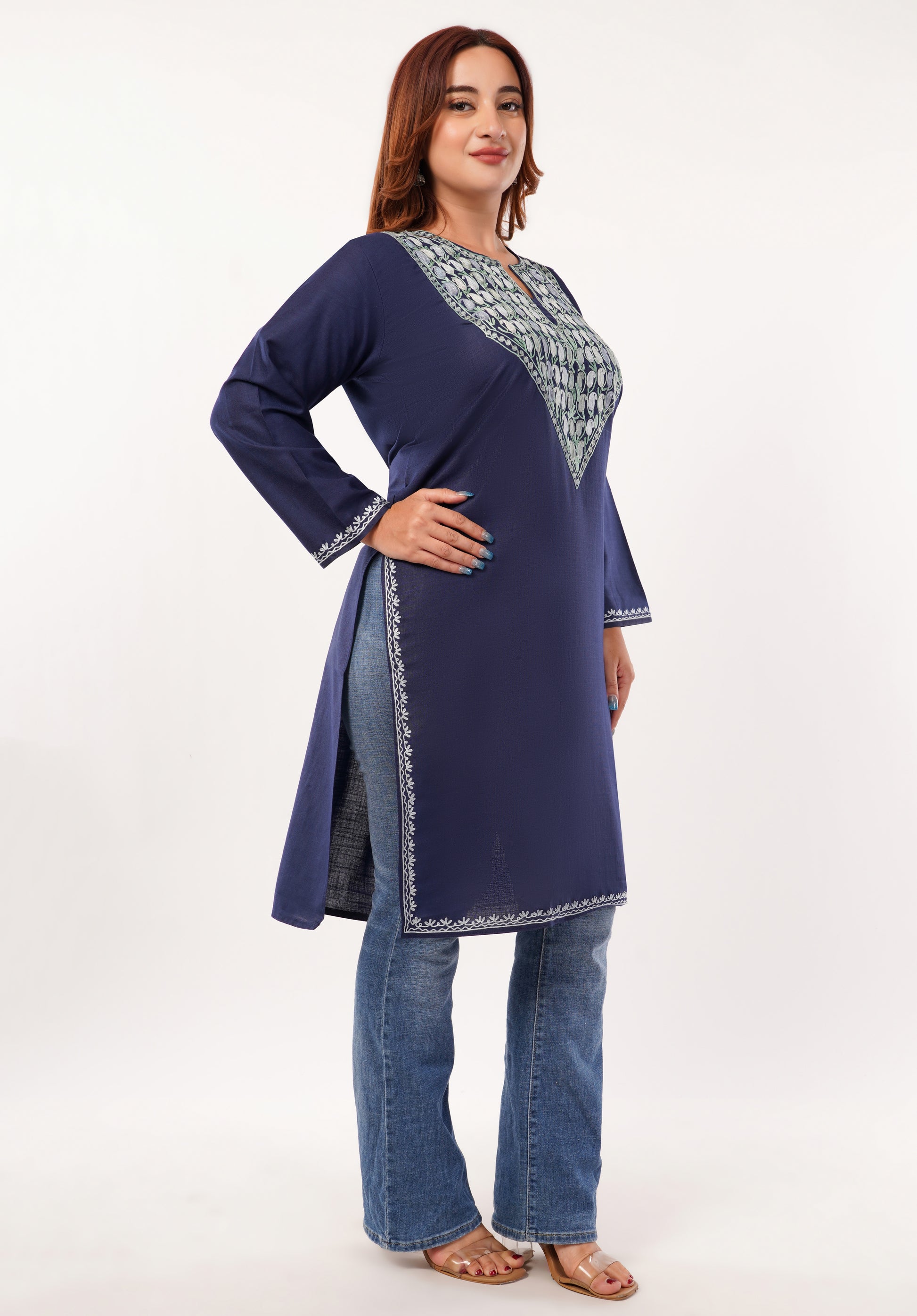 Kashmiri Aari embroidery Cotton Long Kurti Size-46(Navy Blue)