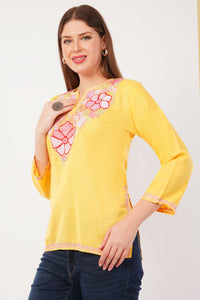Kashmiri Aari embroidery Cotton Short Kurti Size-42(Yellow)