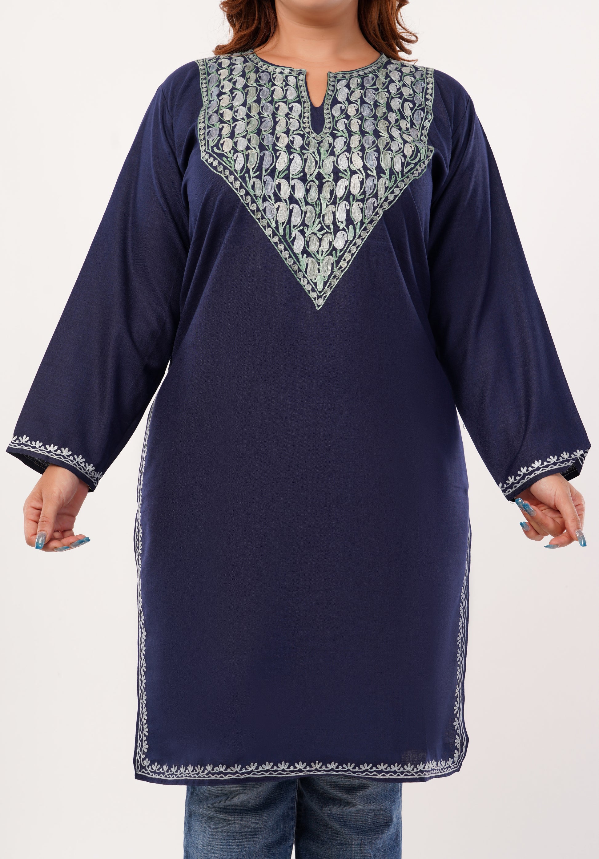 Kashmiri Aari embroidery Cotton Long Kurti Size-46(Navy Blue)