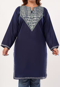 Kashmiri Aari embroidery Cotton Long Kurti Size-46(Navy Blue)