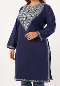 Kashmiri Aari embroidery Cotton Long Kurti Size-46(Navy Blue)