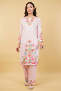 Kashmiri Aari embroidery Jaam Cotton Co-ord set Size-38 (Pink)