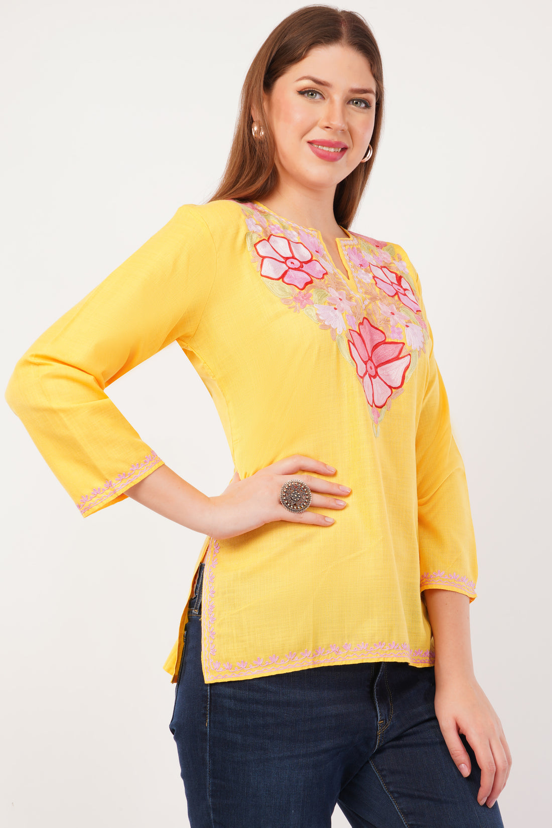 Kashmiri Aari embroidery Cotton Short Kurti Size-42(Yellow)