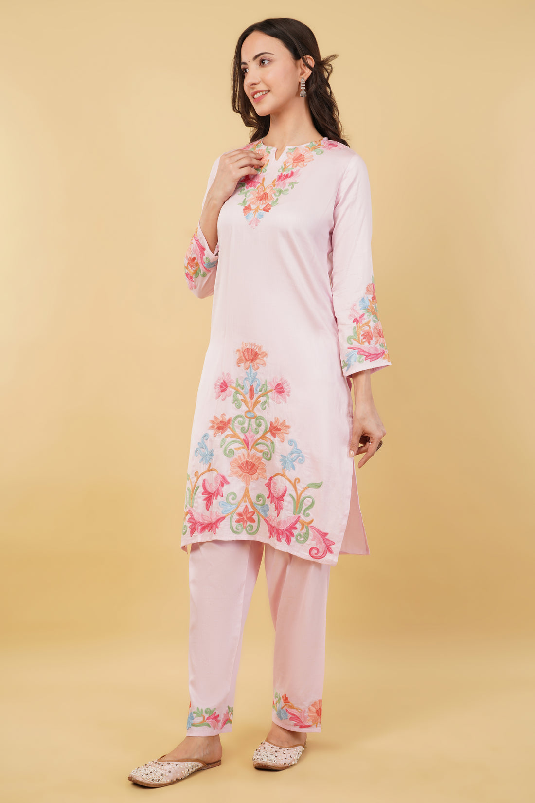 Kashmiri Aari embroidery Jaam Cotton Co-ord set Size-38 (Pink)
