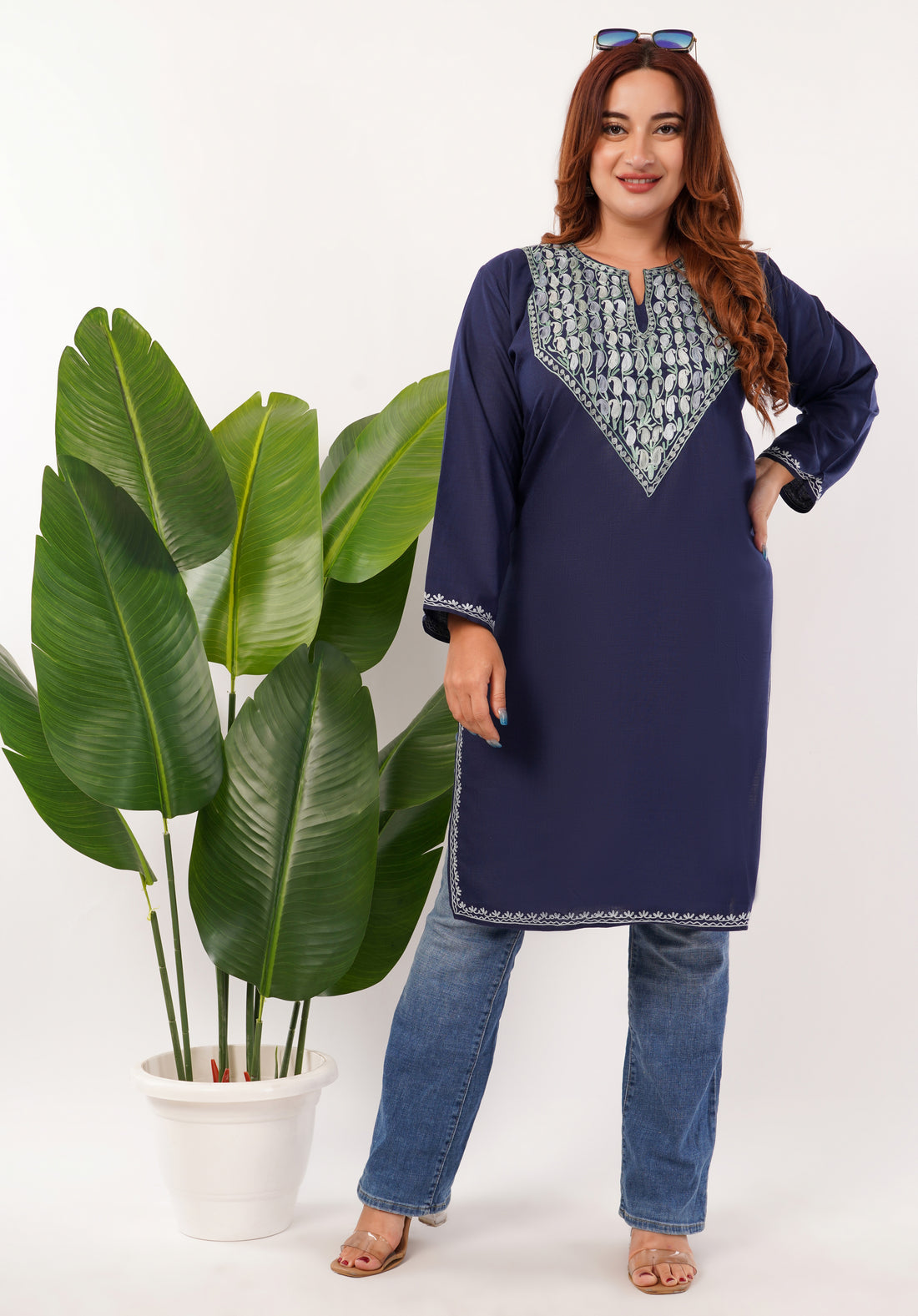Kashmiri Aari embroidery Cotton Long Kurti Size-46(Navy Blue)