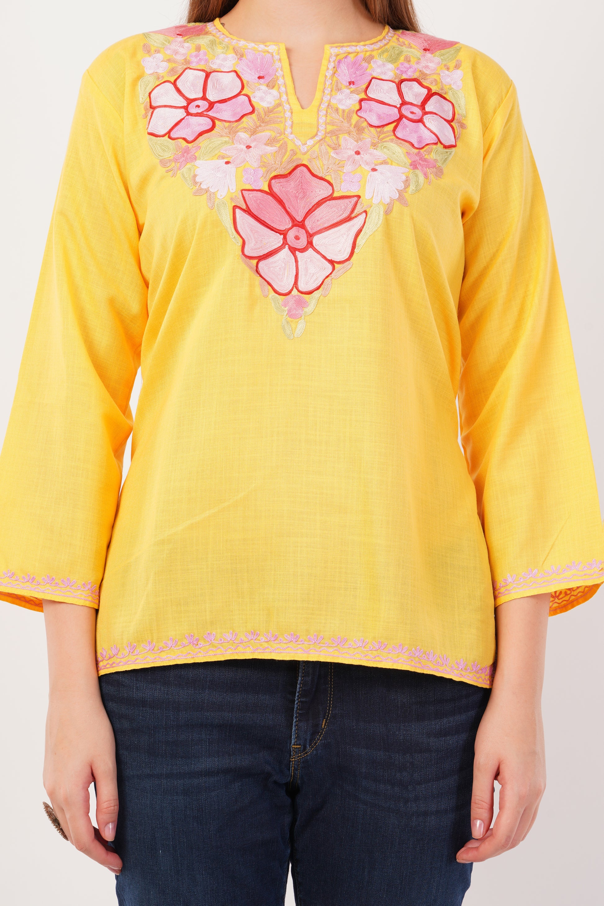 Kashmiri Aari embroidery Cotton Short Kurti Size-42(Yellow)