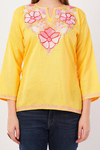 Kashmiri Aari embroidery Cotton Short Kurti Size-42(Yellow)