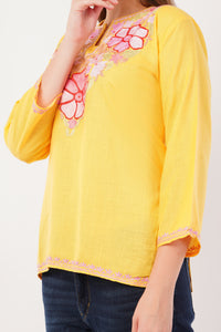 Kashmiri Aari embroidery Cotton Short Kurti Size-42(Yellow)