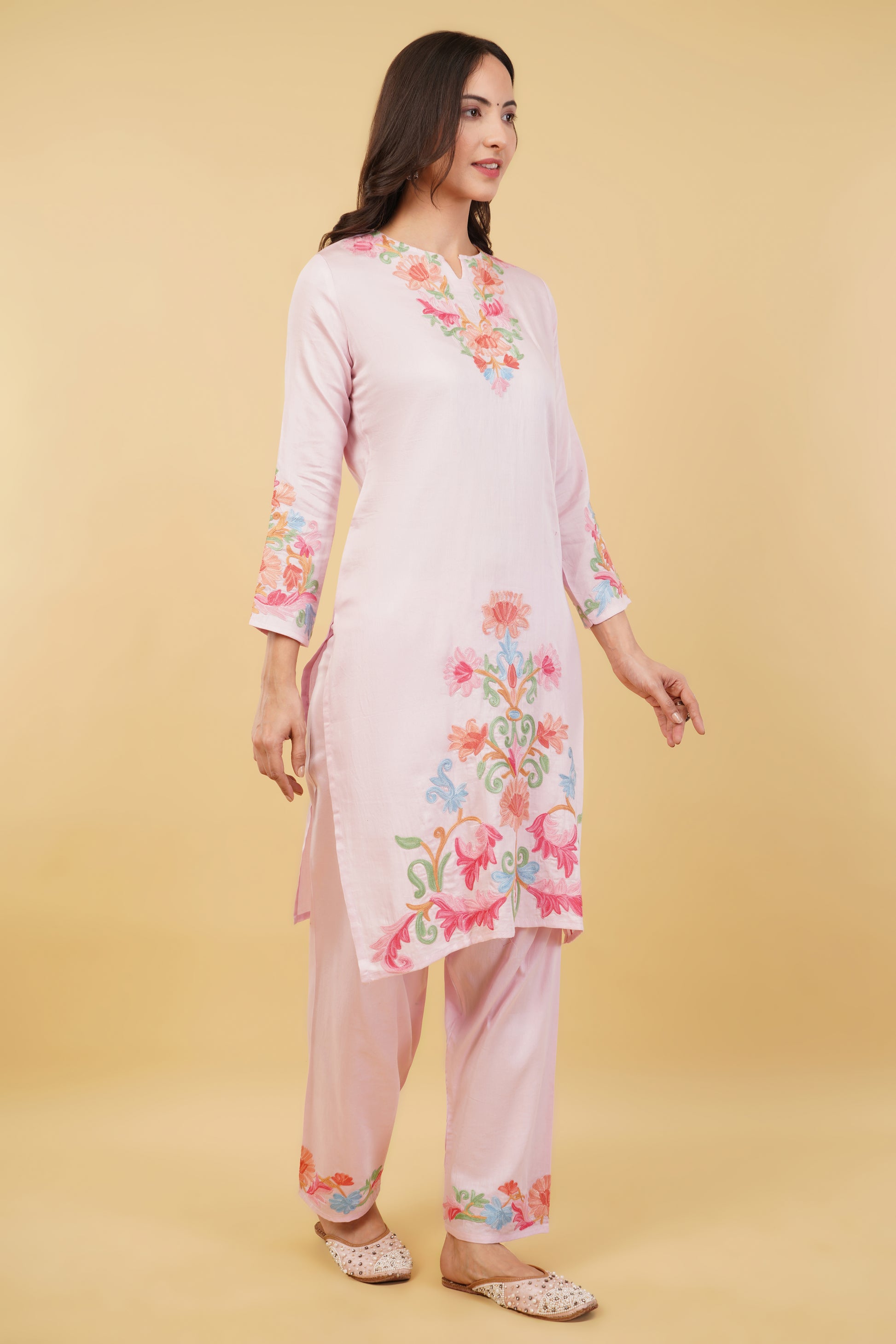 Kashmiri Aari embroidery Jaam Cotton Co-ord set Size-38 (Pink)