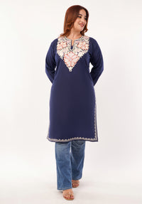 Kashmiri Aari embroidery Cotton Long Kurti Size-46(Navy Blue)