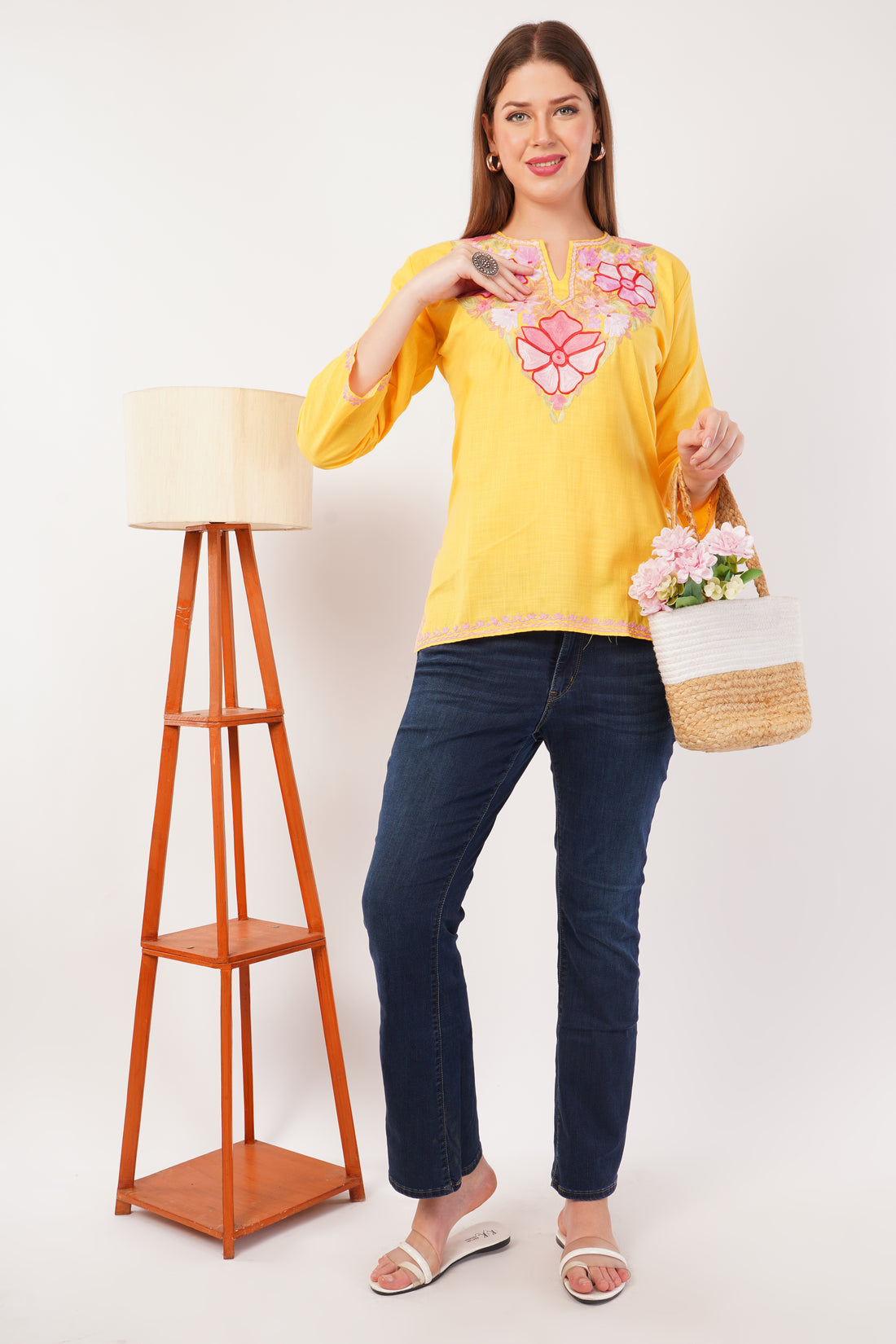 Kashmiri Aari embroidery Cotton Short Kurti Size-42(Yellow)