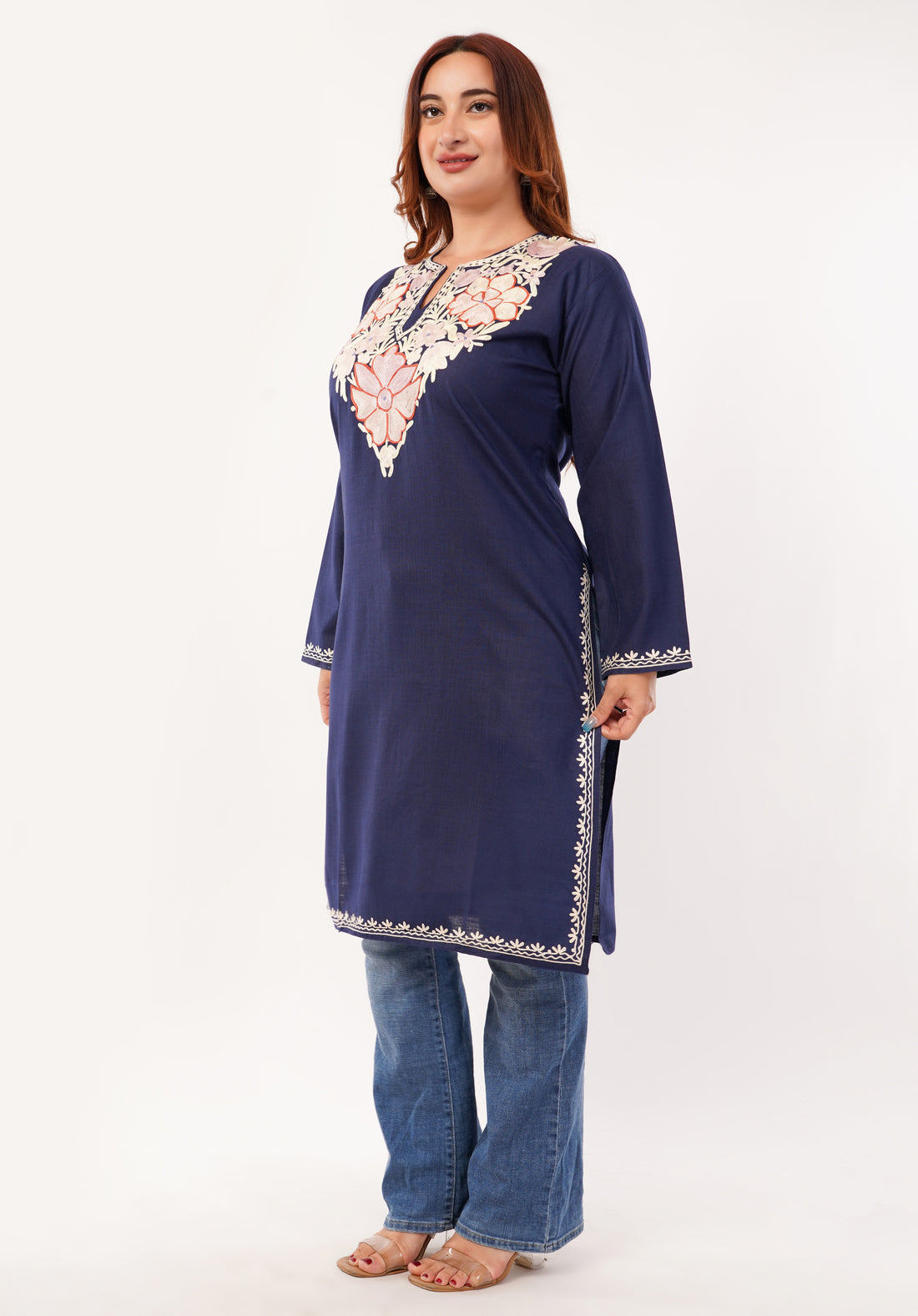 Kashmiri Aari embroidery Cotton Long Kurti Size-46(Navy Blue)