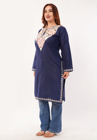Kashmiri Aari embroidery Cotton Long Kurti Size-46(Navy Blue)